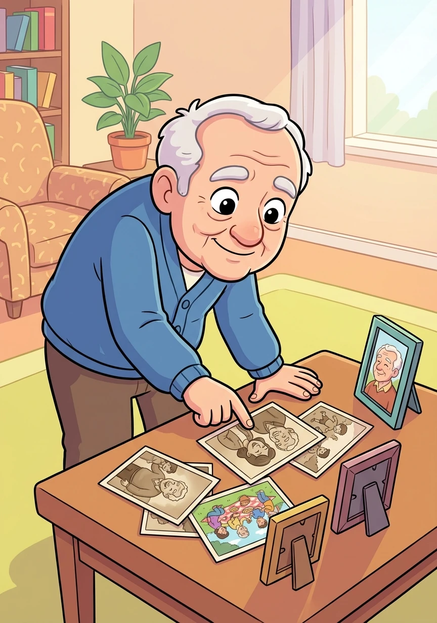 Inside the living room, a collection of old photographs sits on a table. They show Elias at different stages of his life, surrounded by loved ones and radiating joy.