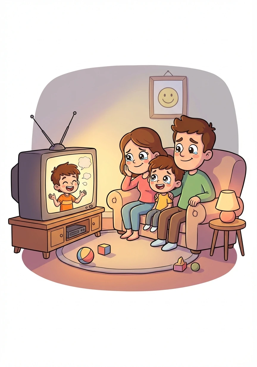 A video plays on the television, showing Elias telling a funny story. The room fills with a bittersweet laughter as the family remembers his infectious humor.
