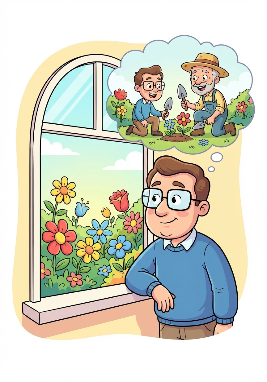 Dr. Jenkins, Elias's son, stands by the window, gazing at the garden his father loved. He remembers working alongside his father, planting flowers and sharing quiet moments.
