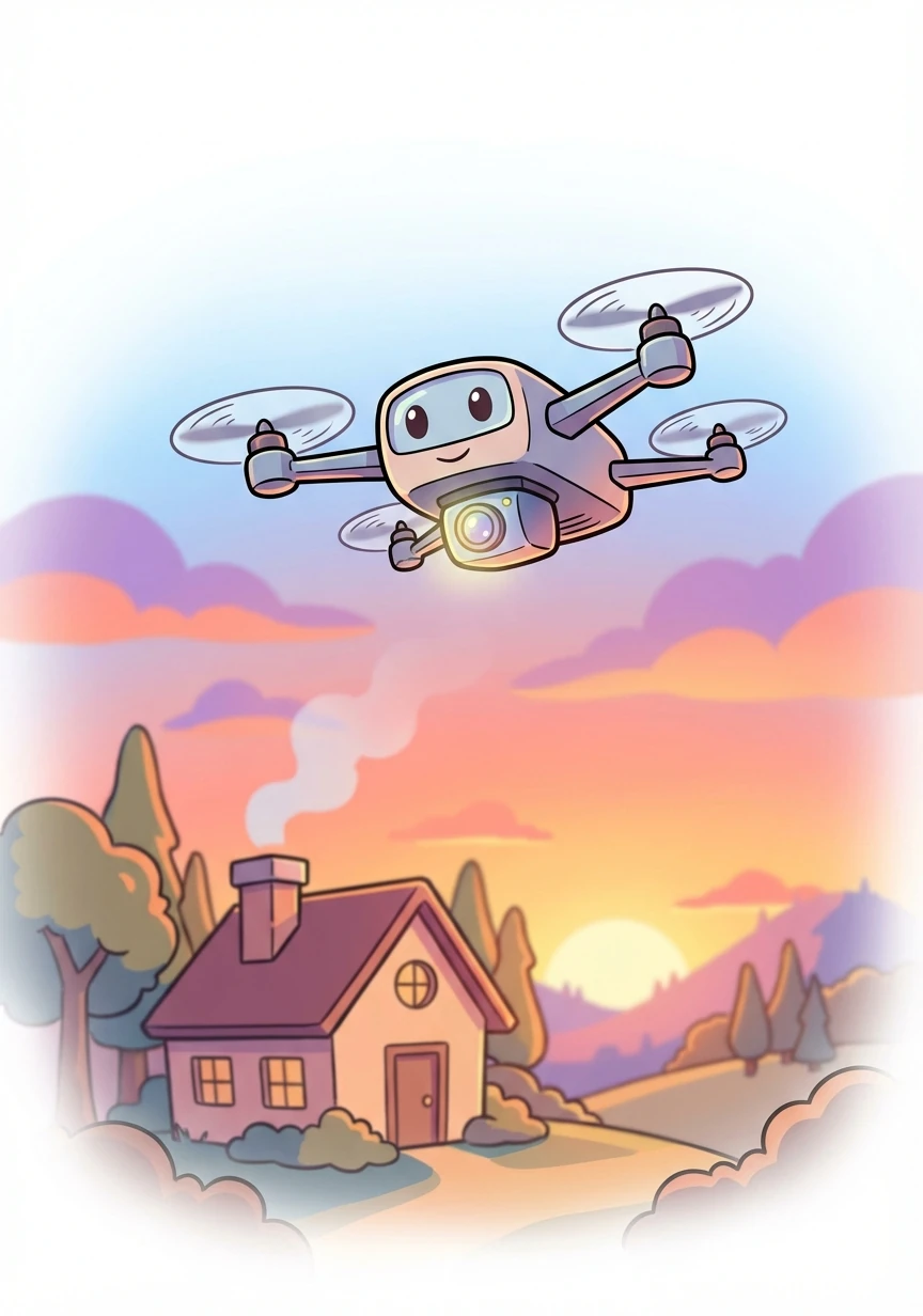 As the sun sets, the drone ascends back into the sky, capturing a final glimpse of the house. The image fades as the drone flies away, leaving behind a feeling of peace and remembrance.