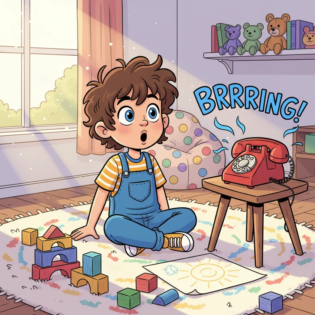 Milo, a boy with messy brown hair and bright blue overalls, sits cross-legged on a plush rug, surrounded by scattered building blocks and a half-finished drawing. His cozy room is filled with colorful toys and mismatched furniture, sunlight streaming through a window. Suddenly, an old, rotary phone on a small, wobbly table in the corner begins to ring with a surprisingly loud, insistent BRRRRING. Milo's eyes widen, startled by the unexpected sound.