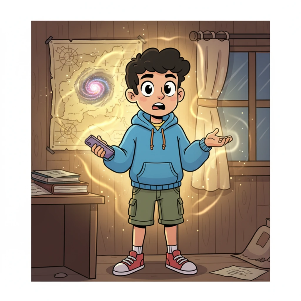 As Milo hangs up, feeling a peculiar tingle in his fingertips, a soft, ethereal glow emanates from his old, dusty adventurer's map tacked to the wall. A shimmering, swirling symbol, like a tiny galaxy, appears right in the center of the forgotten map, pulsing gently. Milo stares, his jaw slightly dropped, realizing this wasn't just any wrong number.