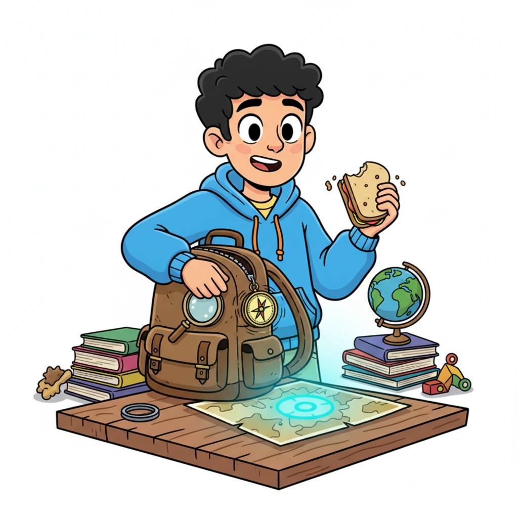 With a newfound determination twinkling in his eyes, Milo quickly packs a small, worn backpack. He stuffs in a trusty magnifying glass, a half-eaten sandwich, and a compass that always spins wildly. The glowing symbol on the map seems to beckon him, promising an adventure far grander than any he'd ever imagined. He straps on his backpack, ready for the unknown.