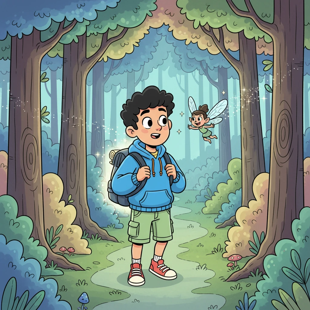 Milo ventures out, following the map's glow, which now shines brightly through the fabric of his backpack. He finds himself on a winding, moss-covered path he'd never noticed before, leading into an enchanted-looking forest with trees that shimmer with faint, colorful light. A tiny, mischievous sprite with translucent wings flits past his nose, giggling softly.