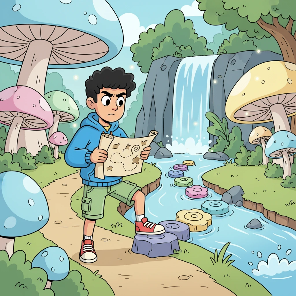 The path grows steeper, winding through giant, glowing mushrooms that pulse with soft light. Milo consults his map, his brow furrowed in concentration, as the symbol points towards a hidden waterfall. He spots a series of oddly shaped stepping stones across a bubbling brook, a playful challenge to his journey. He takes a deep breath and steps forward.