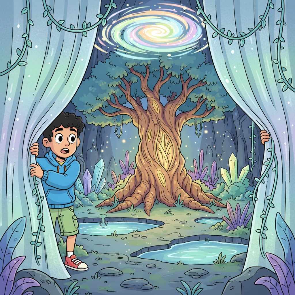 Milo pushes aside a curtain of shimmering vines, revealing a breathtaking, hidden grotto. The air hums with magic, and bioluminescent plants cast a soft, rainbow glow across crystal-clear pools. In the center, a colossal, ancient tree pulses with an inner light, its branches reaching towards a shimmering vortex above.