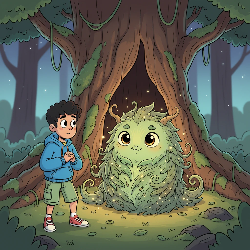 At the base of the ancient tree, a wise, benevolent Guardian, resembling a gentle, moss-covered giant with sparkling eyes, sits patiently. Its form is made of swirling starlight and leaves, radiating warmth and ancient energy. Milo approaches cautiously, his heart thumping with a mix of awe and wonder.