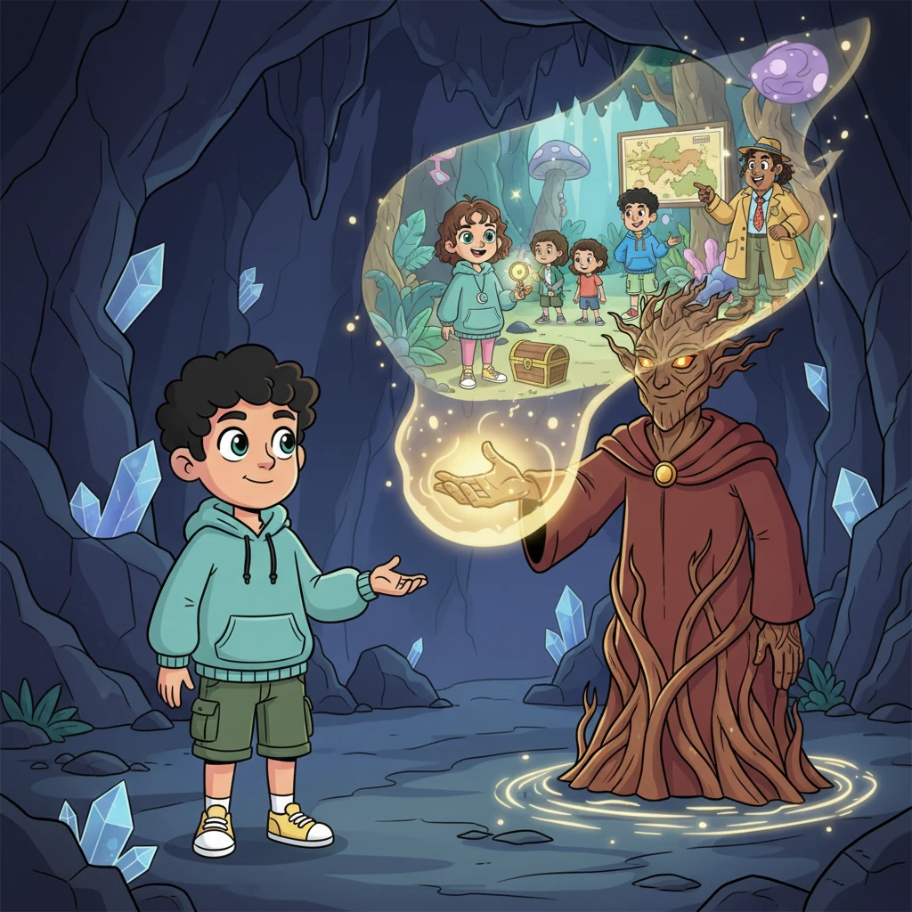 The Guardian extends a gnarled, glowing hand, and a vision of Milo's potential flashes before his eyes – a world where he uses his newfound courage to help others and discover more hidden wonders. The Guardian reveals that the mysterious call was a summons, awakening his inner explorer and showing him his unique path. Milo feels a surge of power and purpose.
