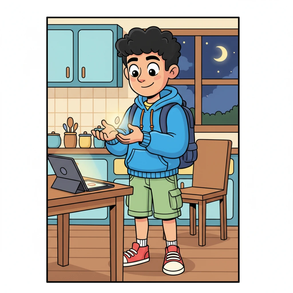 Milo returns home, not just with his backpack, but with a tiny, glowing seed given by the Guardian, which he carefully holds. His eyes now sparkle with a deeper understanding, and his posture is more confident. He knows his life is forever changed, filled with untold adventures, and he can't wait to share a cryptic hint about his magical journey online, a playful wink to the world.