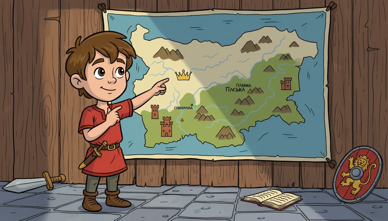 Борис, младият изследовател, стоеше пред картата на Първото българско царство. Очите му блестяха от любопитство, мечтаейки да се върне назад във времето. Той знаеше, че го очакват невероятни приключения и открития за великата българска история.