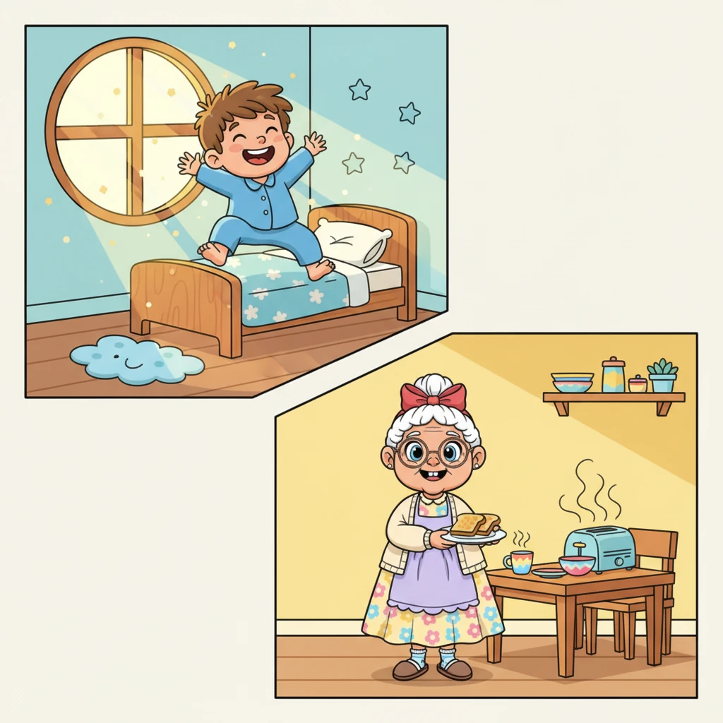 Kuat terbangun dengan senyum lebar di pagi hari, cahaya matahari masuk melalui jendela kamarnya. Ia melompat dari tempat tidur, kakinya yang kecil bersemangat menyambut hari baru. Oma sudah menunggu di dapur dengan sarapan hangat. Aroma roti panggang memenuhi seluruh rumah kecil mereka.