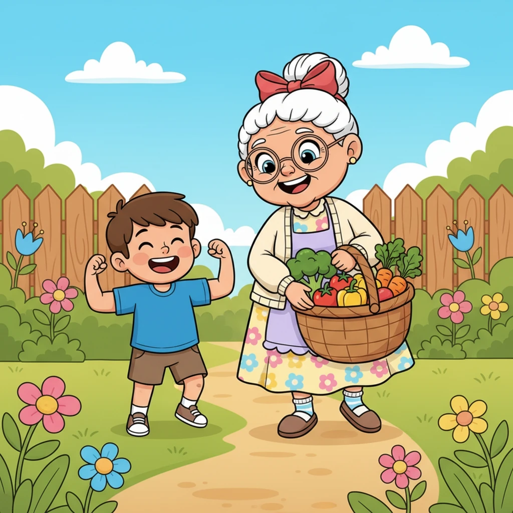 Di kebun belakang, Kuat membantu Oma mengangkat keranjang penuh sayuran segar. Dengan otot-otot kecilnya yang pura-pura besar, ia menunjukkan betapa "kuat" dirinya. Oma tersenyum bangga melihat cucunya yang bersemangat. Mereka berdua tertawa riang sambil berjalan.
