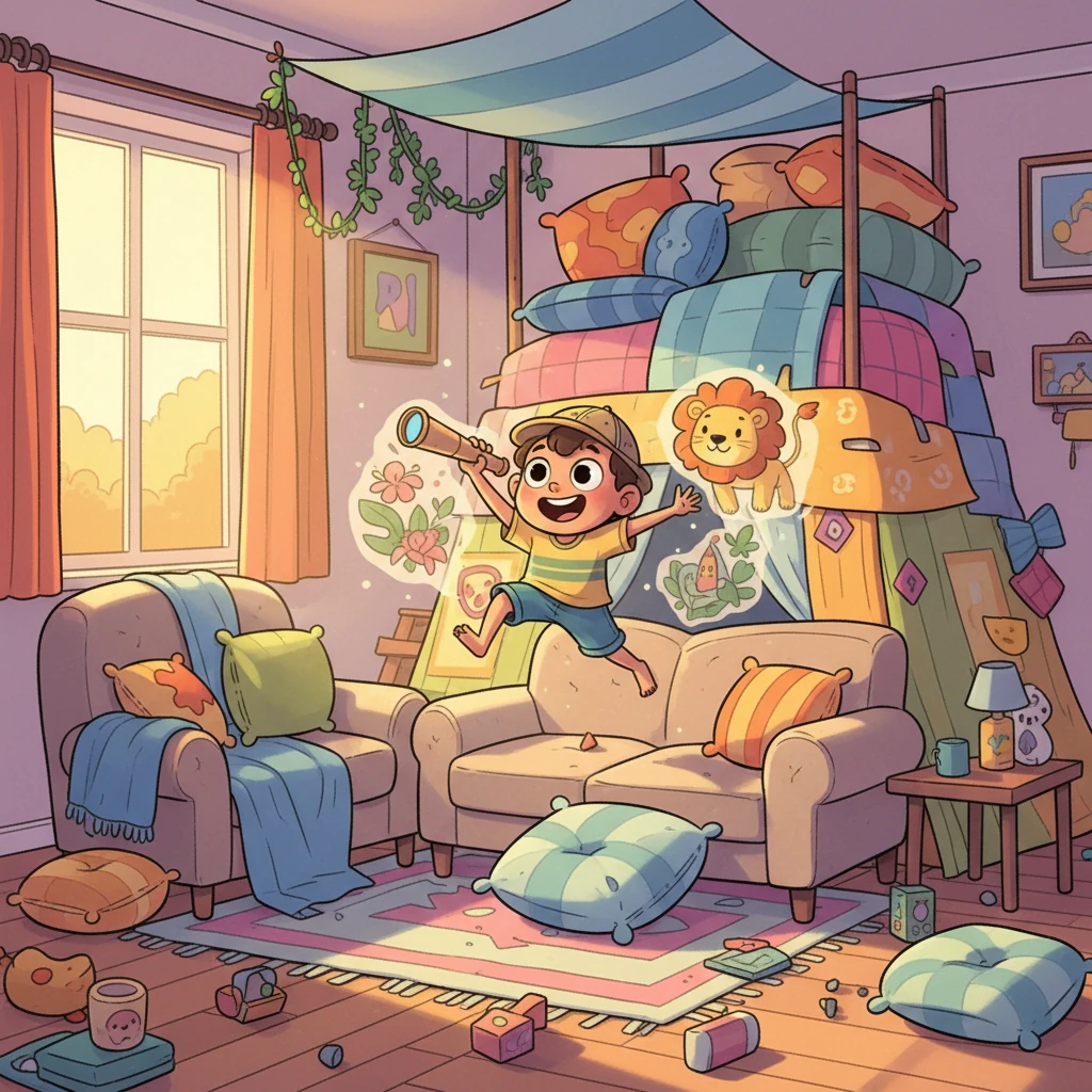 Sore harinya, Kuat berubah menjadi penjelajah perkasa di ruang tamu. Ia membangun benteng rahasia dari bantal dan selimut, melompat-lompat dengan gembira. Imajinasi Kuat melambung tinggi, membayangkan petualangan seru di hutan belantara. Ia adalah pahlawan di dunianya sendiri.