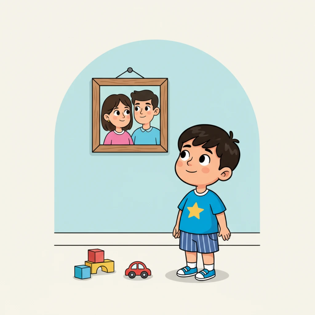 Saat bermain, Kuat tiba-tiba berhenti di depan sebuah foto. Di sana terpampang senyum hangat Papa dan Mama, yang sedang bekerja di luar kota. Ada sedikit rasa rindu yang melintas di wajahnya, namun ia segera tersenyum berani. Kuat tahu orang tuanya akan segera kembali.