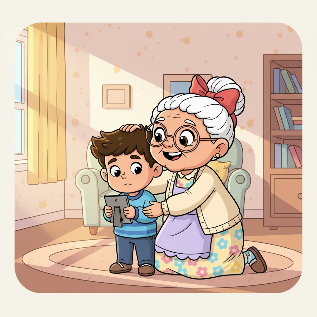 Oma menghampiri Kuat, melihatnya memandangi foto. Dengan pelukan hangat, Oma membelai rambut Kuat, mengingatkannya betapa istimewa dan kuat dirinya. "Kuat adalah anak hebat, sama seperti Papa dan Mama," bisik Oma lembut. Kuat merasa hatinya dipenuhi kehangatan.