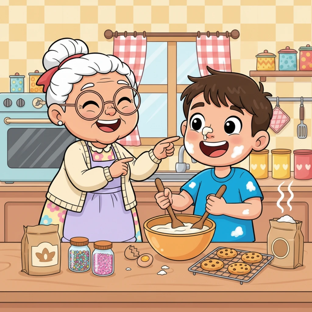 Di dapur, Kuat dan Oma bekerja sama membuat kue kesukaan mereka. Kuat dengan semangat mengaduk adonan, sesekali wajahnya belepotan tepung. Mereka tertawa bersama saat adonan kue menempel di hidung Kuat. Aroma harum kue memenuhi seluruh ruangan.