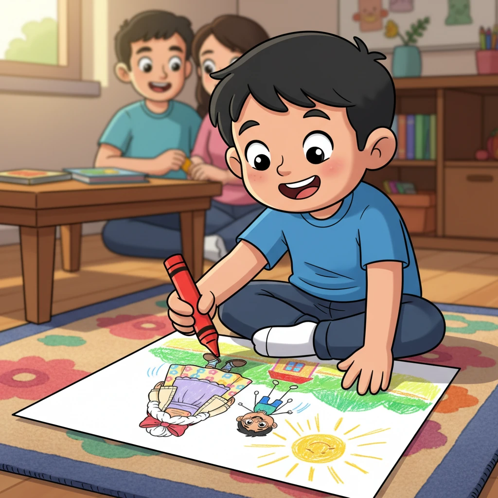 Kuat mengambil krayon dan selembar kertas kosong. Dengan penuh semangat, ia menggambar pemandangan ceria dari petualangannya bersama Oma. Ia ingin menunjukkan kepada Papa dan Mama semua keseruan yang ia alami. Gambarnya penuh warna dan kebahagiaan.