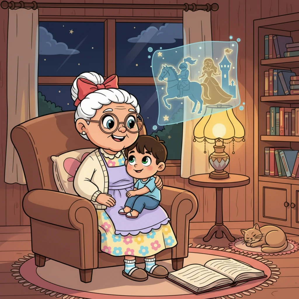 Malam tiba, Kuat duduk di pangkuan Oma, mendengarkan cerita dongeng. Oma bercerita tentang ksatria pemberani dan putri yang bijaksana. Mata Kuat berbinar-binar, membayangkan dirinya sebagai pahlawan dalam cerita tersebut. Ia merasa aman dan nyaman dalam pelukan Oma.