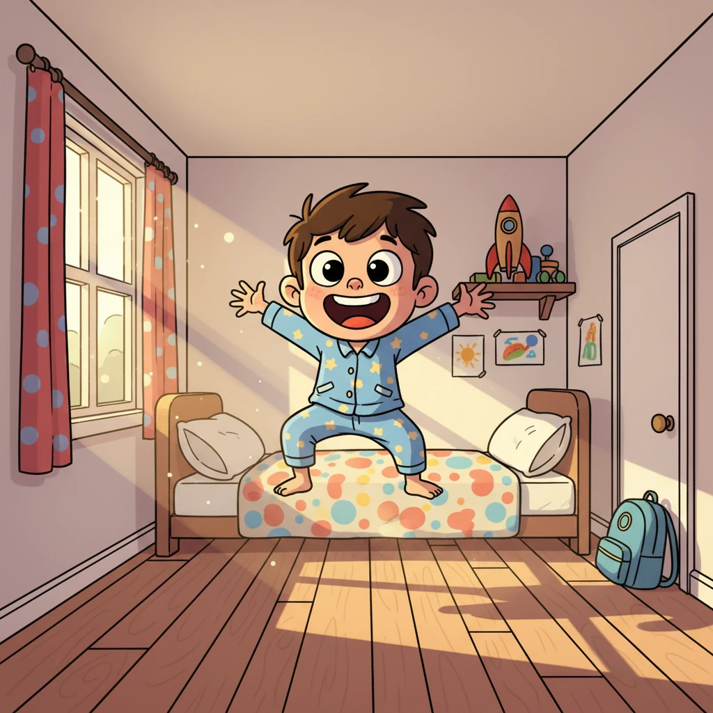 Kuat terbangun dengan semangat baru, cahaya matahari pagi menyapa kamarnya. Ia melompat dari tempat tidur, siap menghadapi hari dengan senyum ceria. Kuat tahu ia adalah anak yang kuat dan dicintai, menunggu hari Papa dan Mama pulang. Petualangan baru menanti setiap hari.