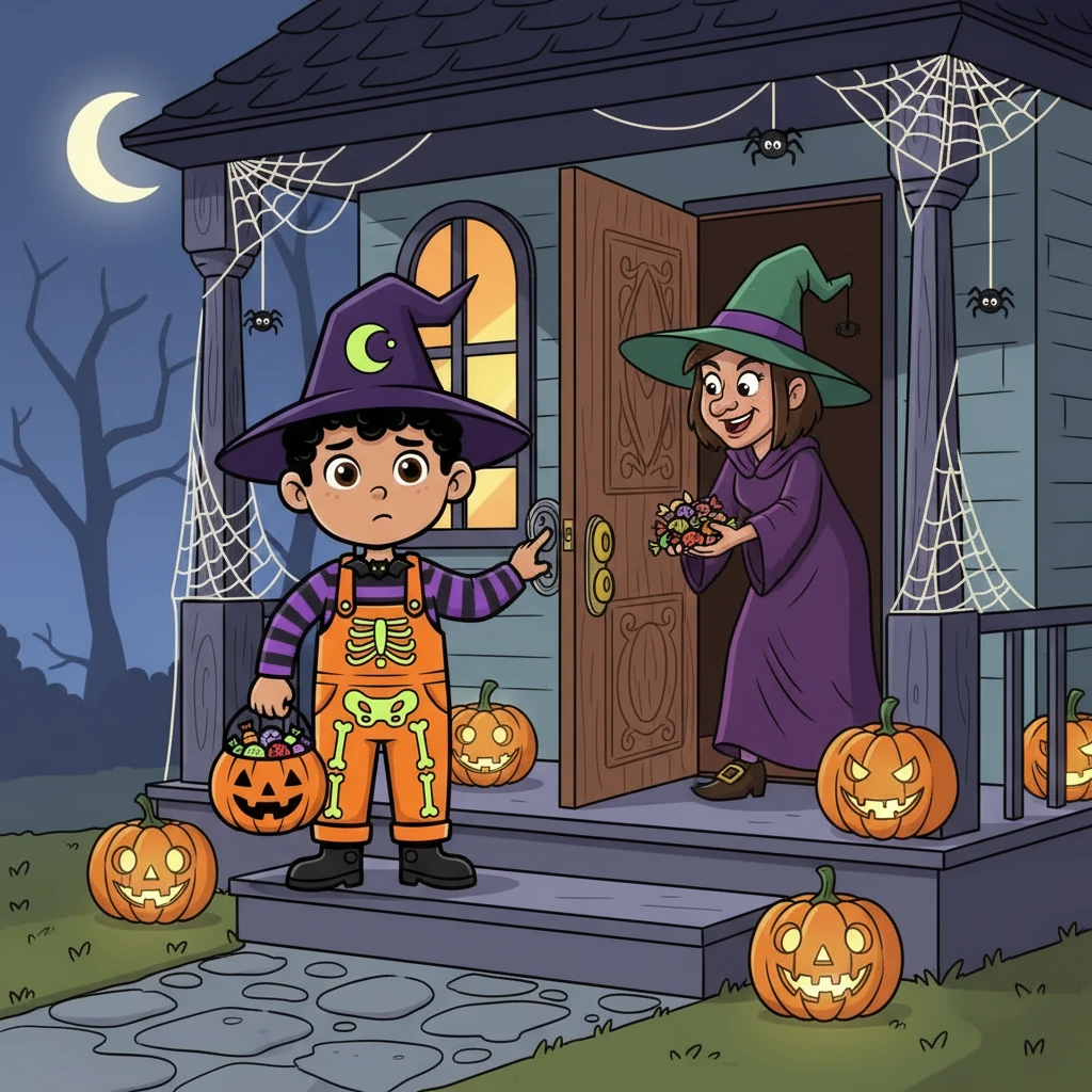 The first house was decorated with grinning jack-o'-lanterns and cobwebs. Sam, a little nervous, rang the doorbell. A friendly witch with a twinkle in her eye opened the door and offered a handful of candy.