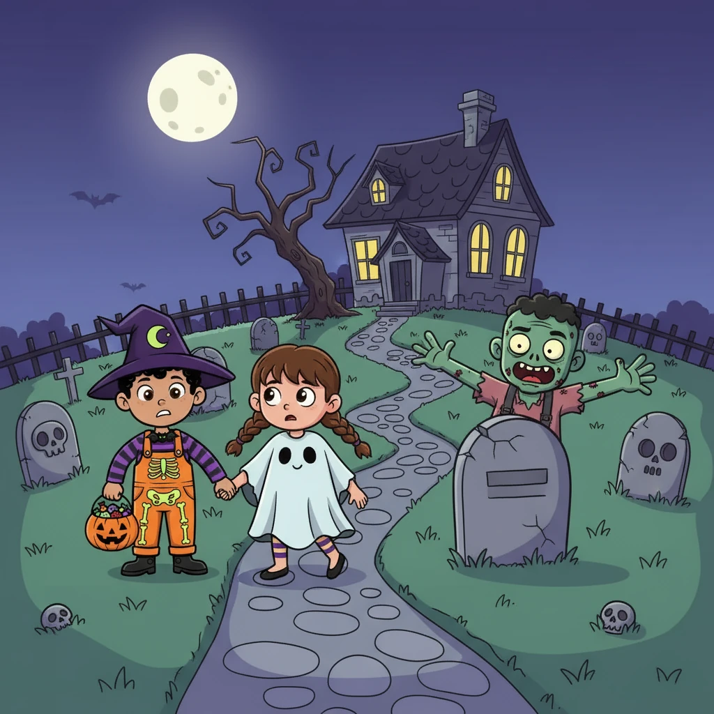 Next, they approached a house with a spooky graveyard scene in the yard. Sam and his friend, holding hands, cautiously walked up the path. A zombie popped out from behind a tombstone, but it was only a neighbor in costume!