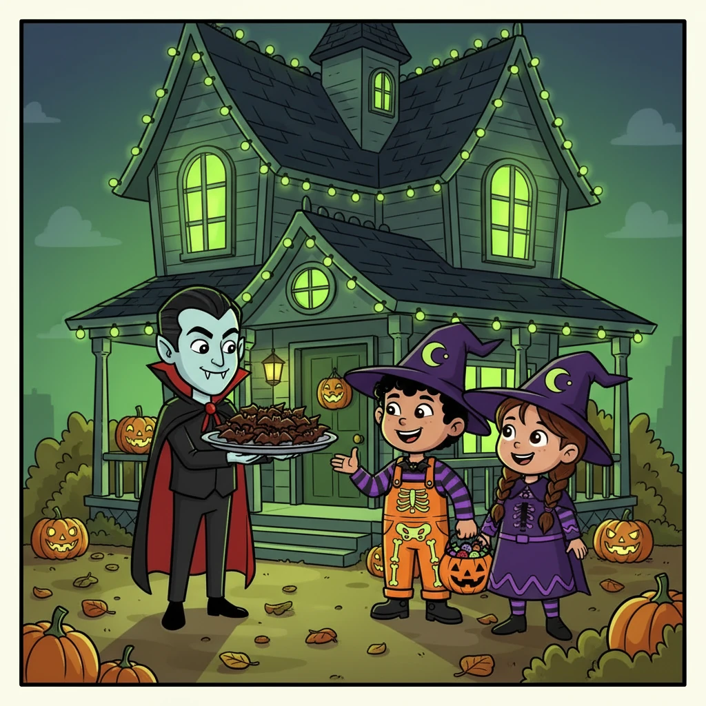 At a house with glowing green lights, they were greeted by a vampire. He offered them delicious chocolate bats. Sam and his friend giggled, enjoying the playful scare.