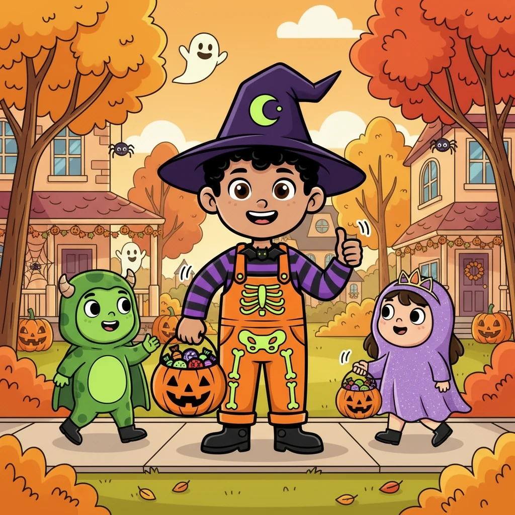 They wandered through the neighborhood, the air filled with the scent of autumn leaves and the sound of children's laughter. Every house seemed to have a unique and creative decoration, adding to the festive atmosphere.