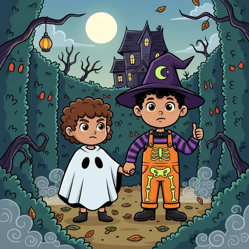 A particularly grand house had a haunted maze set up in the front yard. Sam and his friend, feeling brave, decided to give it a try. They held each other's hands, navigating the twists and turns.