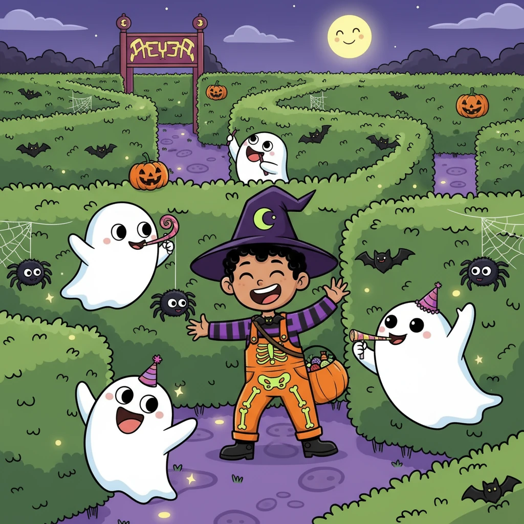 Inside the maze, they encountered playful ghosts and silly spiders. They laughed as they bumped into walls and got slightly lost. Finally, they found their way out, triumphant and excited.