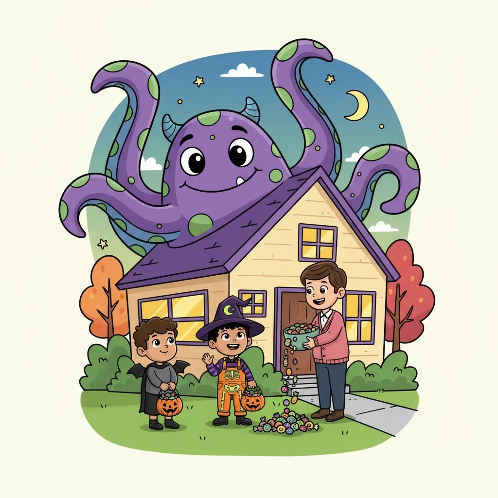 They came across a house with a giant inflatable monster on the lawn. Sam and his friend admired the creativity. They received a generous amount of candy from the friendly homeowner.