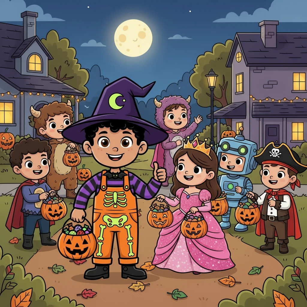 As they continued their journey, they bumped into other friends, all dressed in amazing costumes. They exchanged greetings and compared their candy hauls.