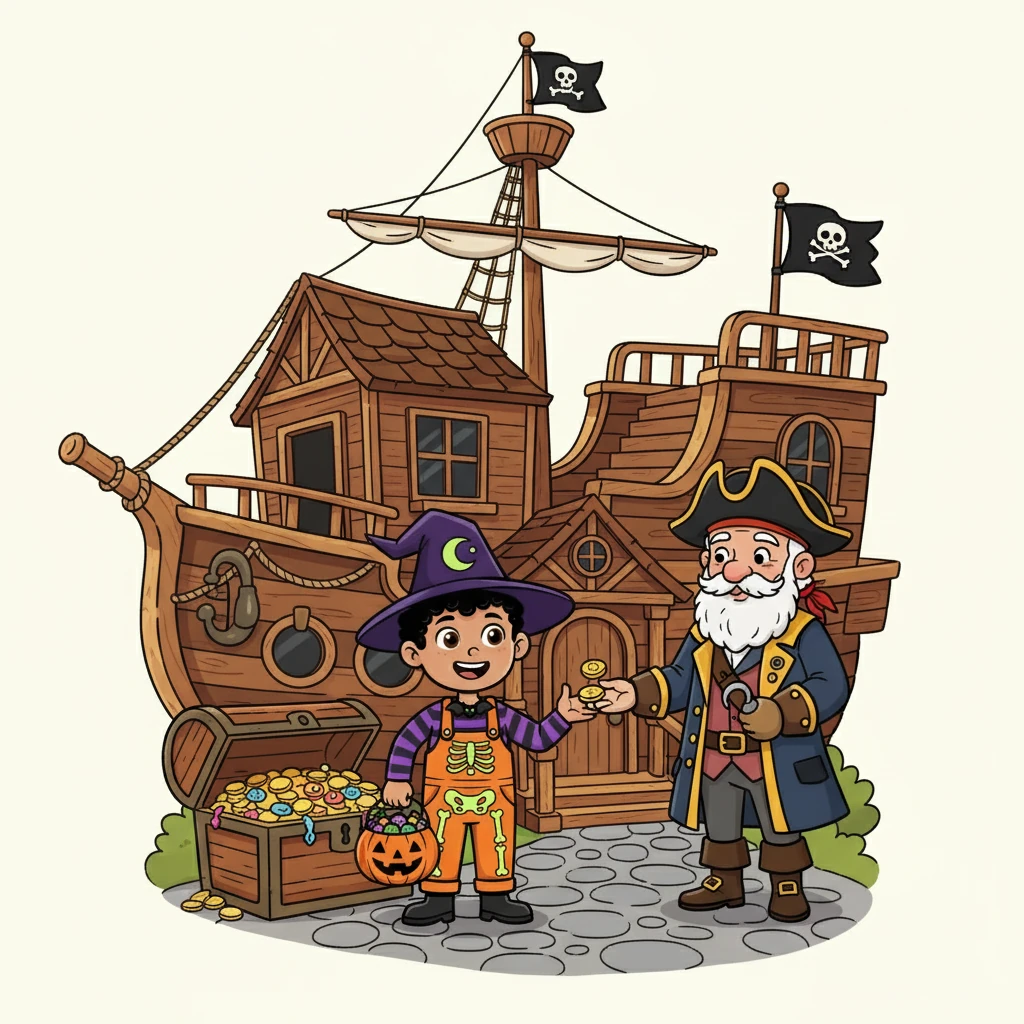 They stopped at a house decorated with a pirate ship, complete with a treasure chest. The homeowner, dressed as a captain, gave them gold-wrapped chocolate coins.