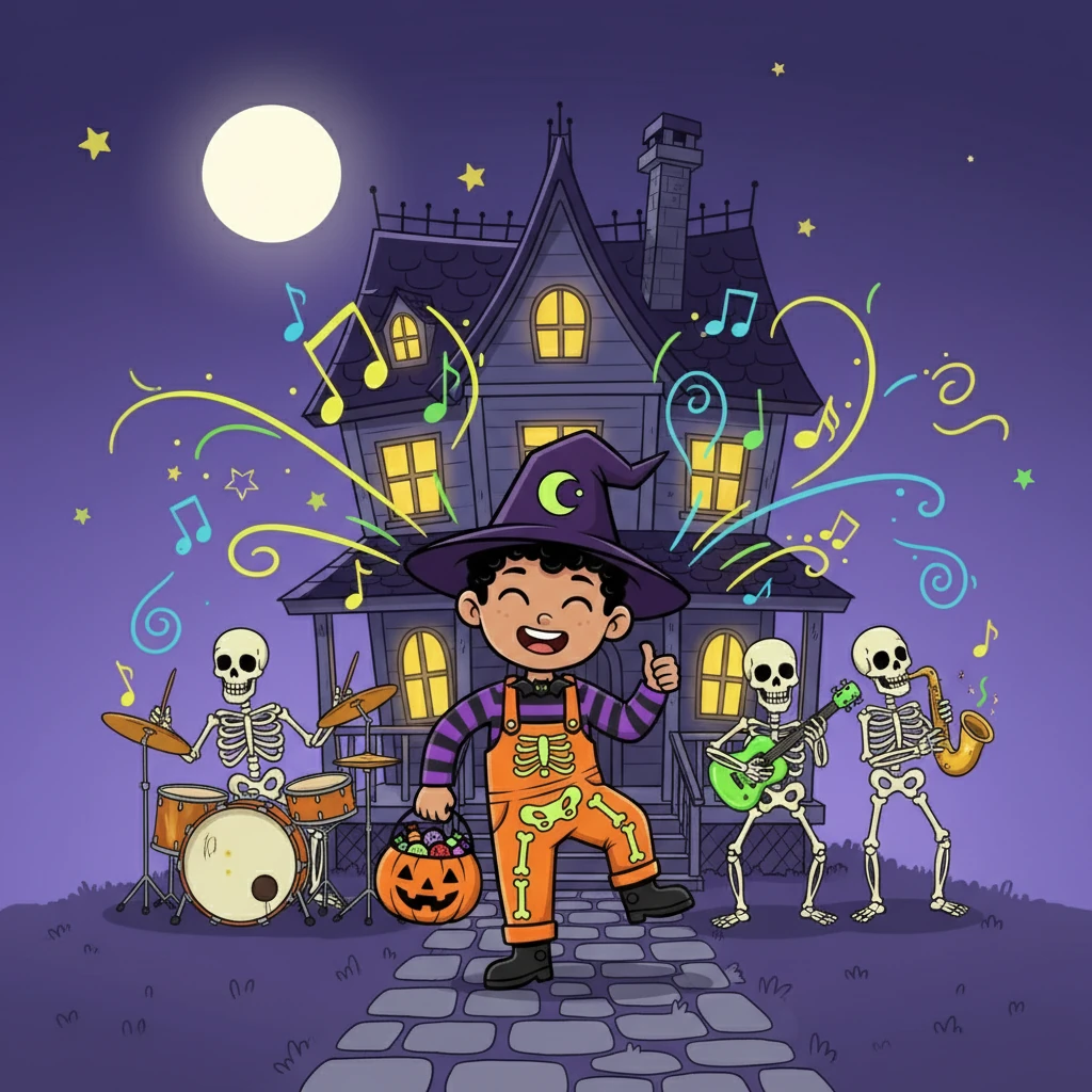 At a house with a spooky skeleton band playing music, they danced along to the tunes. The music filled the air with a joyful and energetic vibe, making their hearts happy.