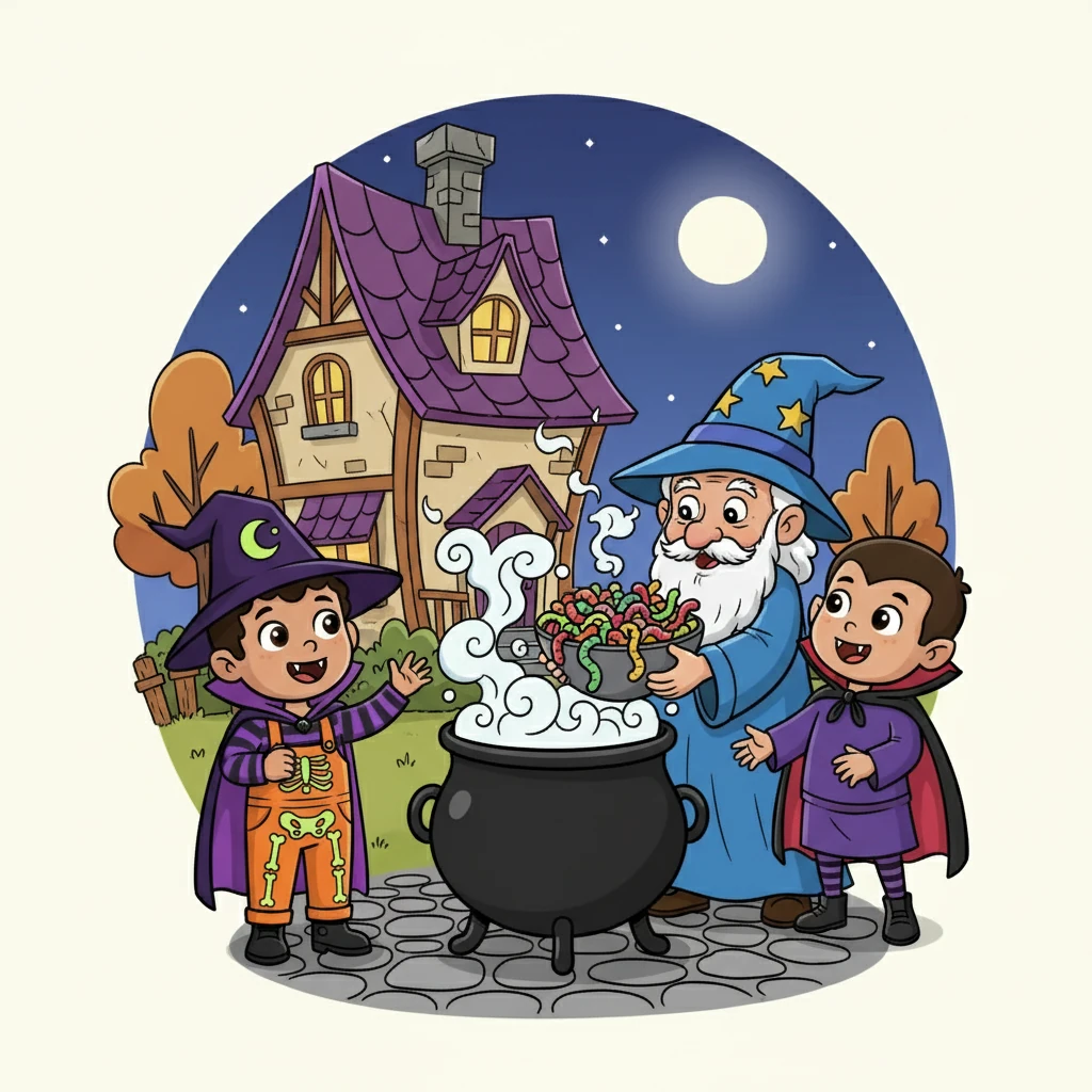 They found a house with a cauldron bubbling with dry ice. The homeowner, a friendly wizard, gave them colorful gummy worms. Sam and his friend thought it was the coolest thing ever.