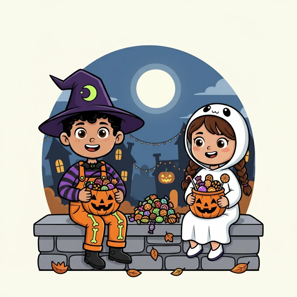 As the night wore on, their bags filled with treats. They felt a sense of accomplishment and shared their favorite candies with each other. They felt so happy and content.