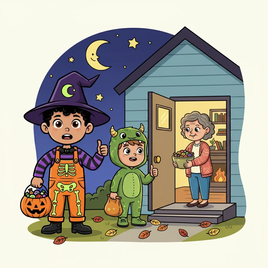 Finally, they reached their last house of the night, a cozy house with warm lights. Sam and his friend, tired but happy, received their final treats.