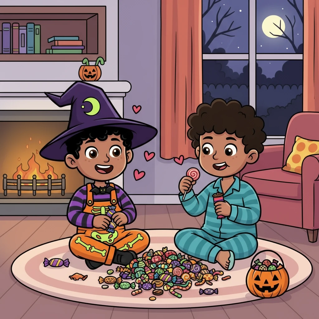 Back home, Sam and his friend sat together, sorting and savoring their candy. They knew they had created cherished memories, ready for another spooky Halloween next year. They were filled with love and laughter.