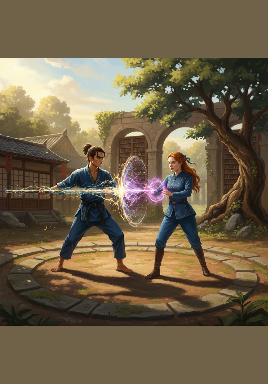 In the sun-drenched training grounds, the duo masters the fundamental art of magical blocking, creating translucent hexagonal shields to deflect energy blasts. Jax focuses on conjuring his glowing magic chains while Emmy refines the swift, graceful movements of her Wind Dash technique.