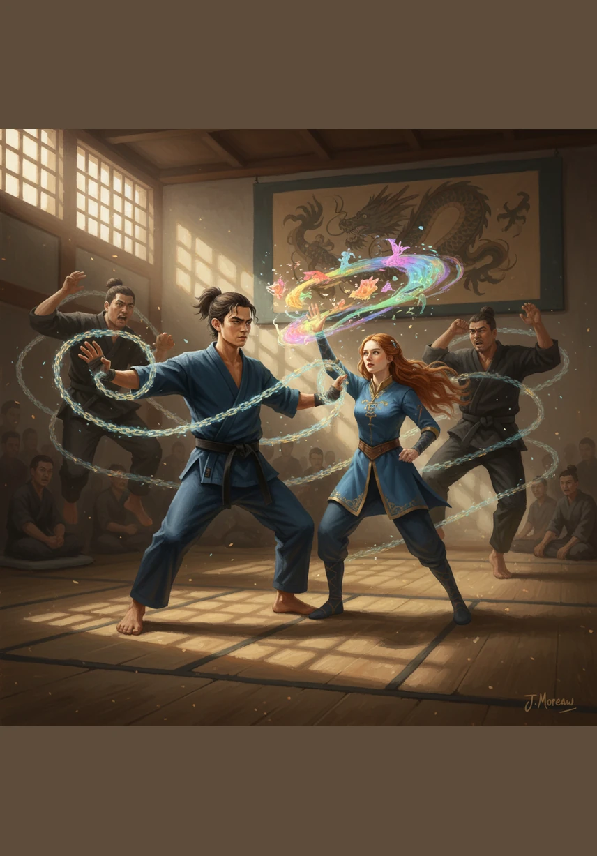 During their first competitive sparring match, Jax and Emmy face off against a pair of formidable senior students in a high-stakes arena. They move in perfect harmony, Emmy’s illusions distracting their opponents while Jax’s magic chains bind them, securing a stunning and unexpected victory.