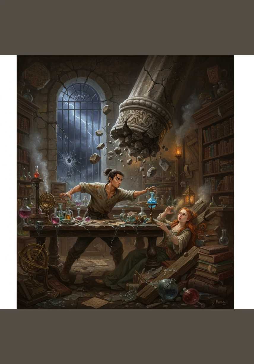 During a sudden, life-threatening accident in the alchemy lab, time seems to slow down for Jax as a flickering vision of a collapsing pillar flashes before his eyes. He lunges forward to push Emmy out of harm's way just seconds before the disaster occurs, realizing he has unlocked the rare and unpredictable gift of foresight.