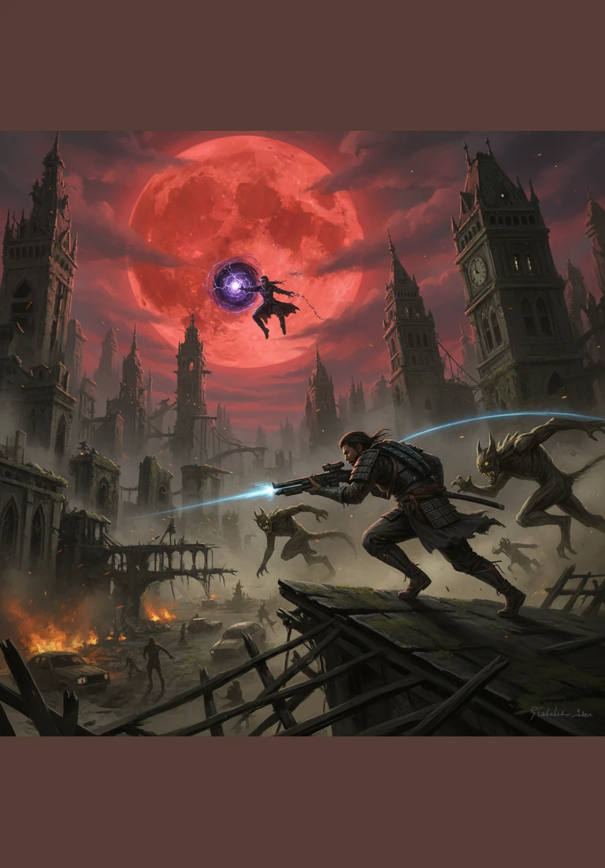 The atmosphere in the ruined city is suffocatingly dark, with crumbling stone structures casting long, eerie shadows under a blood-red moon. Suddenly, a swarm of grotesque demons lunges from the shadows, forcing the pair into a desperate, high-speed battle for survival amidst the debris.