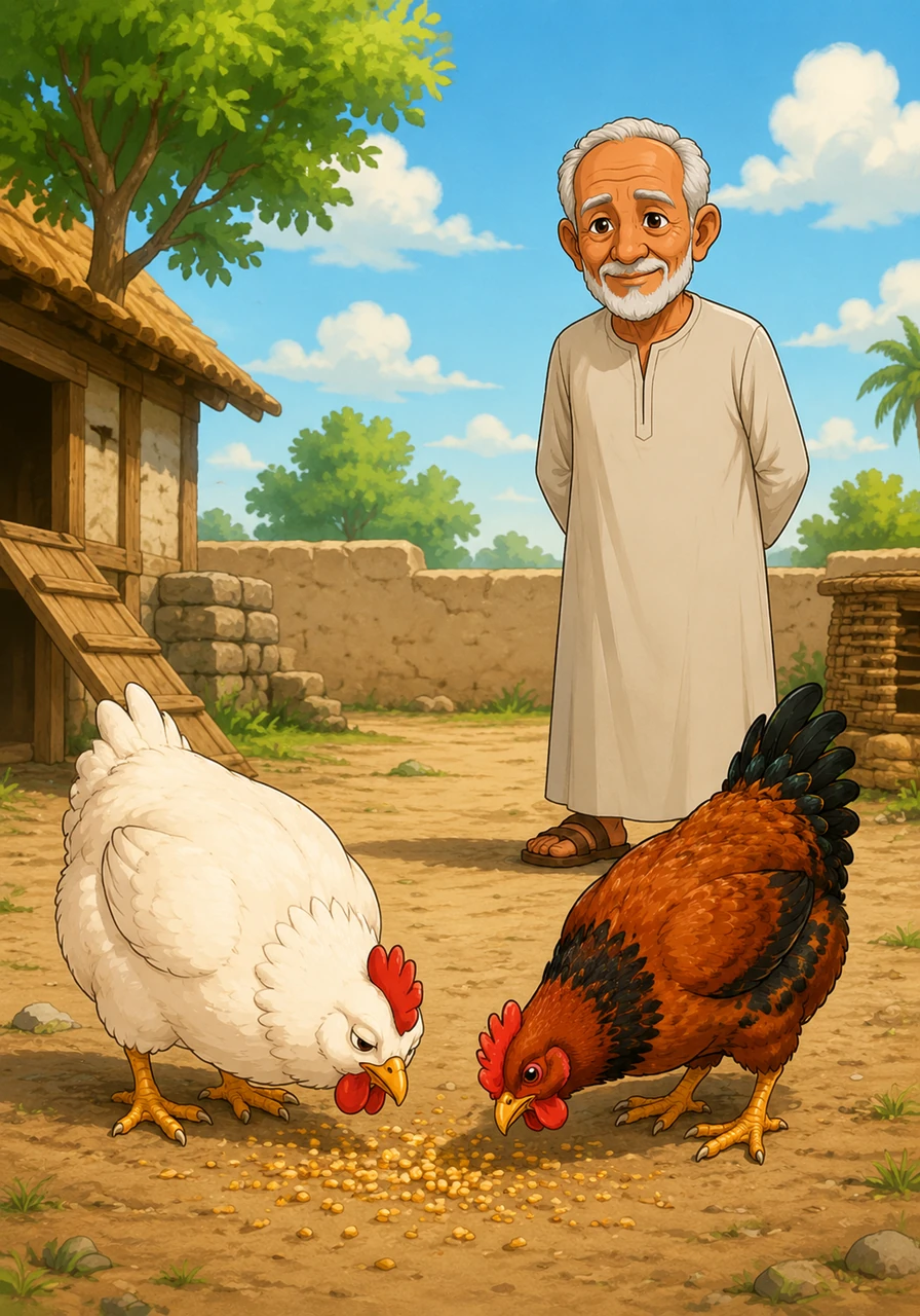 عم منصور العجوز واقف بعيد، لابس جلابيته البسيطة وملامحه مليانة رضا وهو بيراقب طيوره في الأرض. هو عارف إن الصبر هو اللي بيصنع الطعم الحقيقي، مش الاستعجال ولا المواد الصناعية.