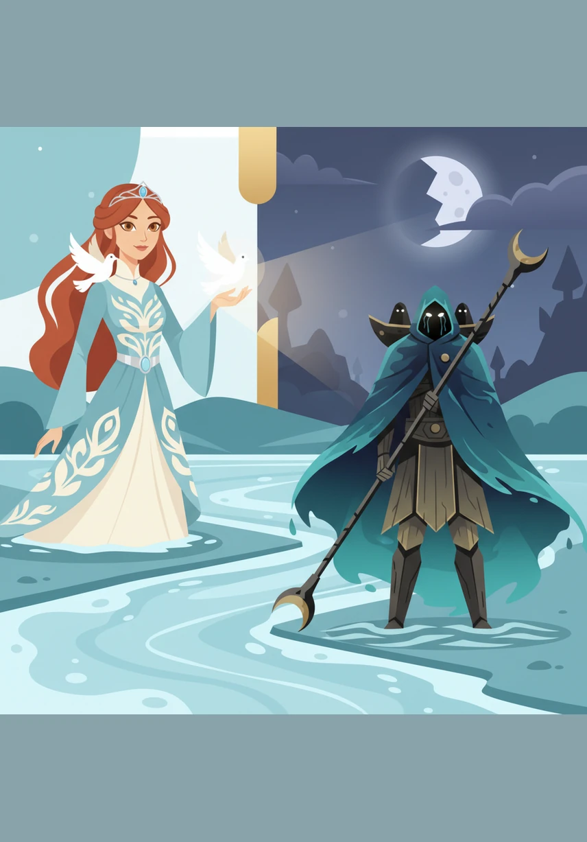 На берегу Реки Слёз лодочник потребовал плату за переправу — самое дорогое воспоминание. Элина со слезами на глазах отдала образ своего первого детского праздника, где все были счастливы. Как только она ступила на другой берег, воды реки стали прозрачными, ведь её жертва была искренней.