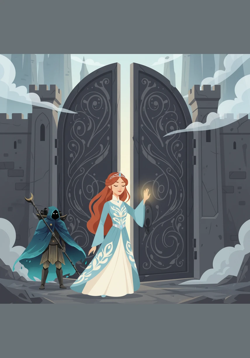 Наконец, перед ней предстал Изначальный Замок, чьи стены казались сотканными из самого времени. Элина подошла к величественным воротам, на которых не было ни одной замочной скважины. Она просто приложила ладонь к холодному камню, передавая тепло своей любви, и тяжелые двери беззвучно открылись.