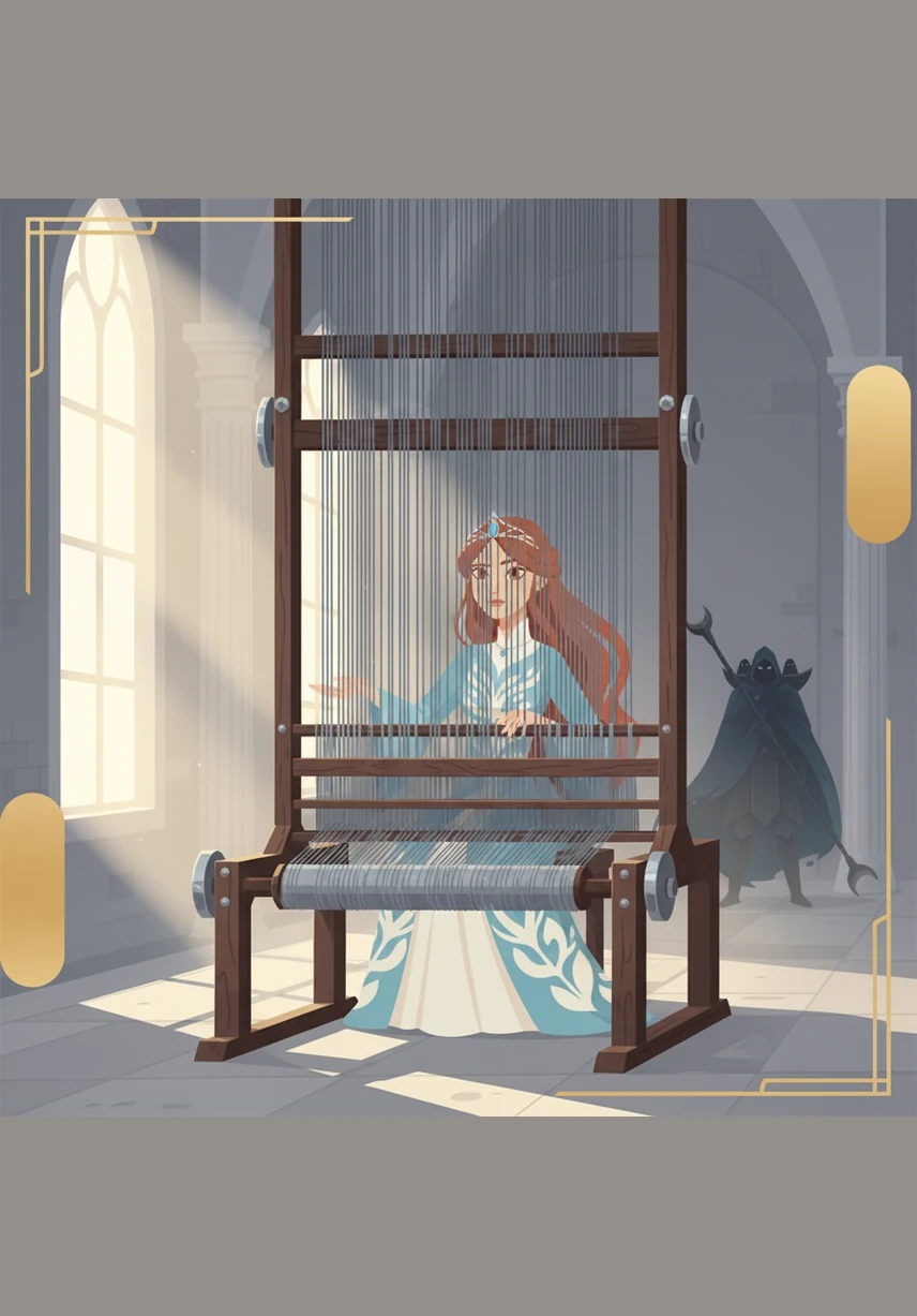 Внутри замка, в залитом свете зале, стоял Ткацкий станок судеб, нити которого были серыми и безжизненными. Элина поняла, что это и есть источник Великого Безразличия, поразившего её народ. Она села за станок, готовая исправить узор, который плело само время.