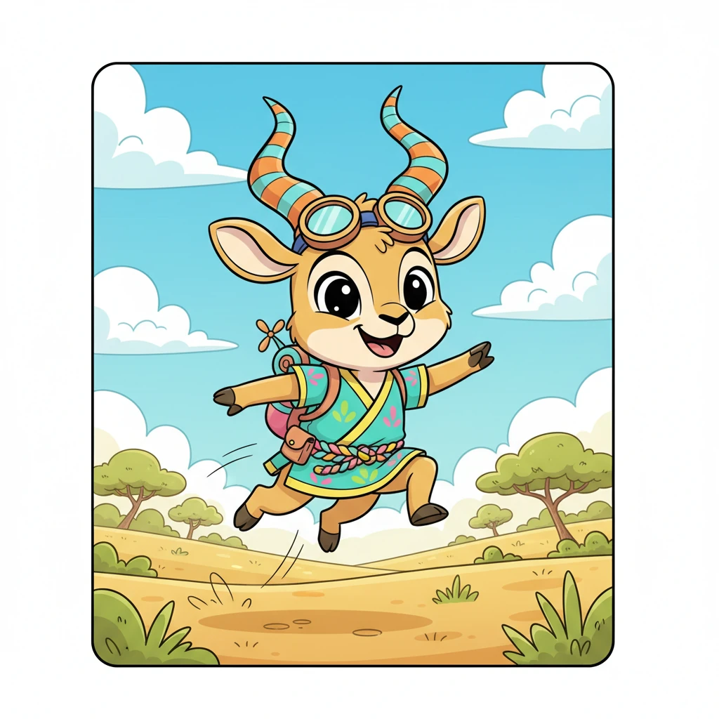 Pip, a spry young antelope, bounded through the sun-drenched savanna, his heart light and his hooves barely touching the ground. The sky above was a brilliant, cheerful blue, dotted with fluffy, friendly clouds. He was enjoying a perfectly normal, wonderfully bright day, full of happy leaps and bounds.
