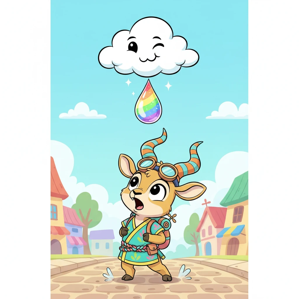 Suddenly, a tiny, mischievous cloud, shaped like a playful grin, appeared directly overhead. It winked a puffy eye and let loose a single, enormous, shimmering raindrop that looked suspiciously like a giant gummy gem. Pip skidded to a halt, tilting his head with wide, curious eyes.