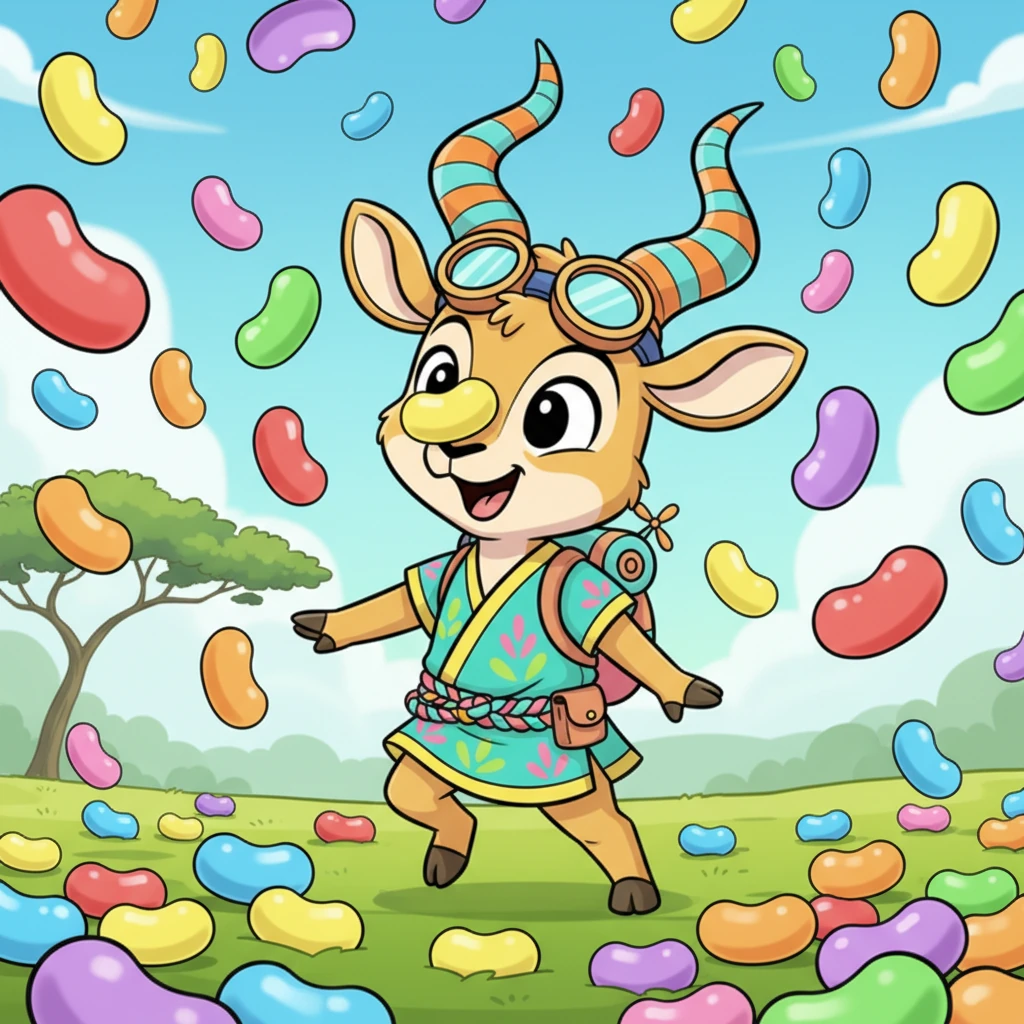 With a gentle "POP!", the sky began to rain not water, but a shower of colossal, bouncy jellybeans in every color imaginable. They tumbled down softly, landing with comical wobbles, turning the green savanna into a vibrant, edible landscape. Pip, initially startled, couldn't help but feel a giggle bubble up as a soft jellybean bounced off his nose.