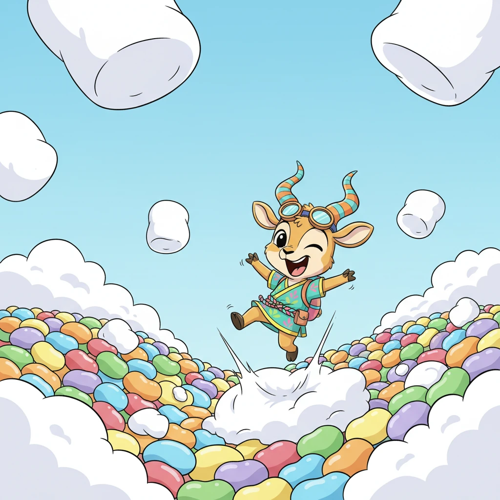 As the jellybeans piled up, forming squishy, colorful hills, gigantic, fluffy marshmallows began to float gracefully from the sky. They settled like sweet, snowy mountains, creating a brand new, wonderfully soft terrain. Pip, with an excited squeal, immediately tested their bounce, leaping high into the air.