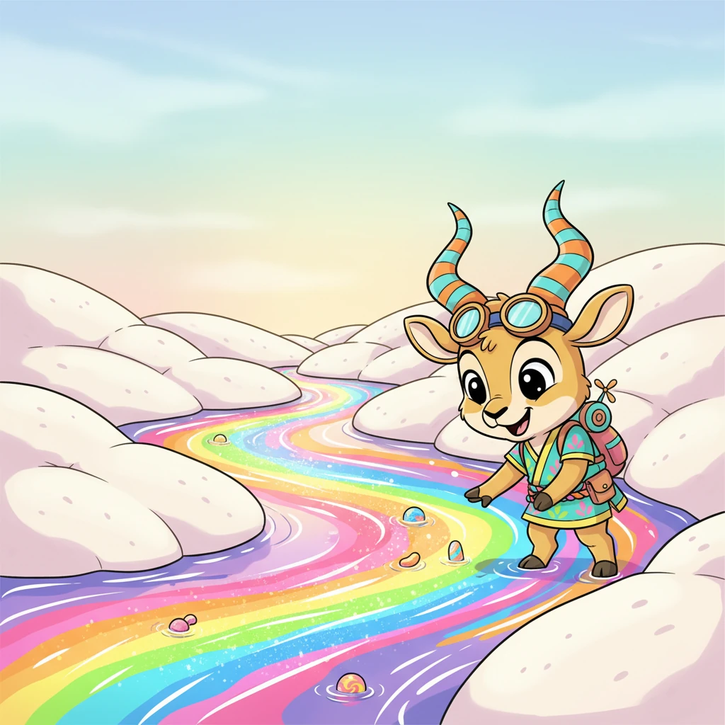 Next, a sparkling, rainbow-hued river of liquid candy, smelling delightfully of fruit and sugar, began to flow through the newly formed marshmallow valleys. It gurgled happily, reflecting the sky in its sugary depths. Pip peered into its shimmering currents, mesmerized by the sweet, flowing wonder.
